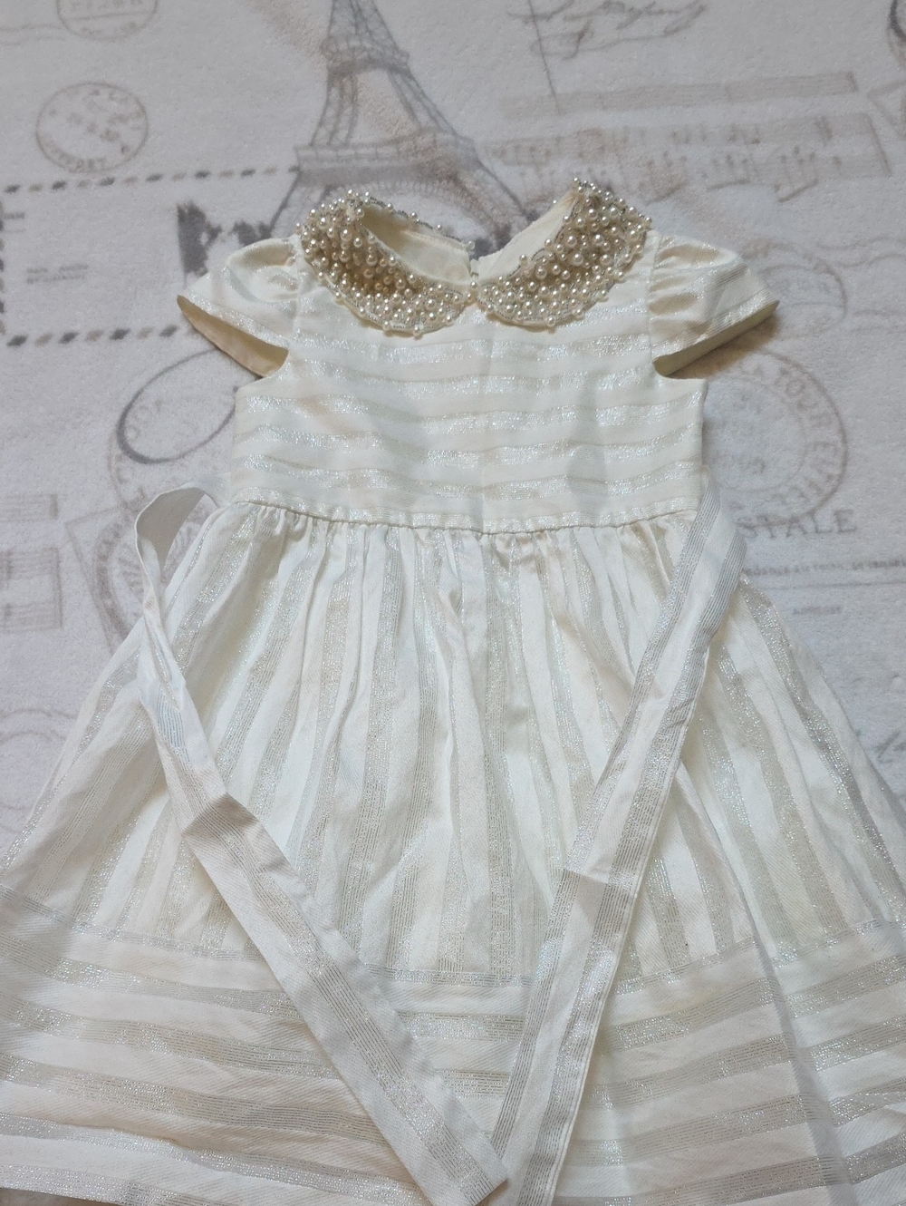 Girls Cream Party Dress with Pearl Collar